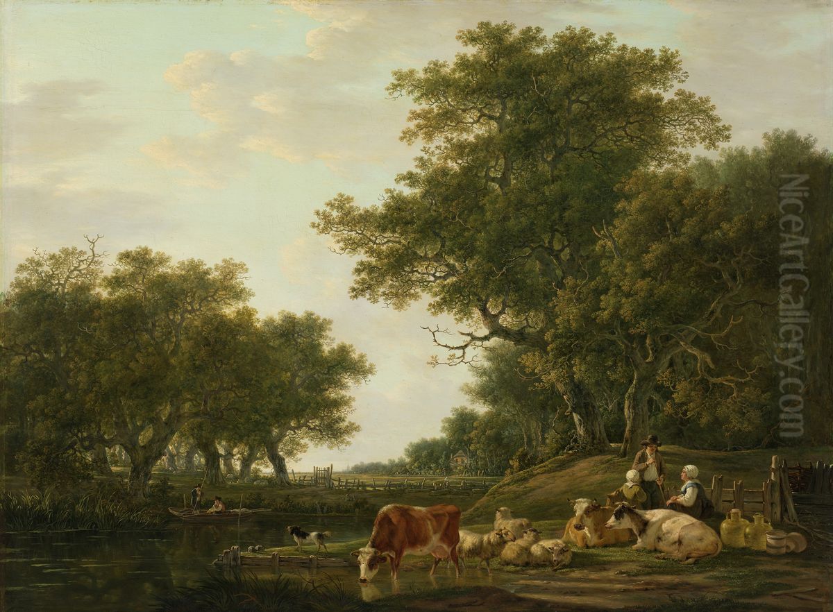 Landscape with peasants and their cattle and anglers on the water Oil Painting by Jacob van Strij