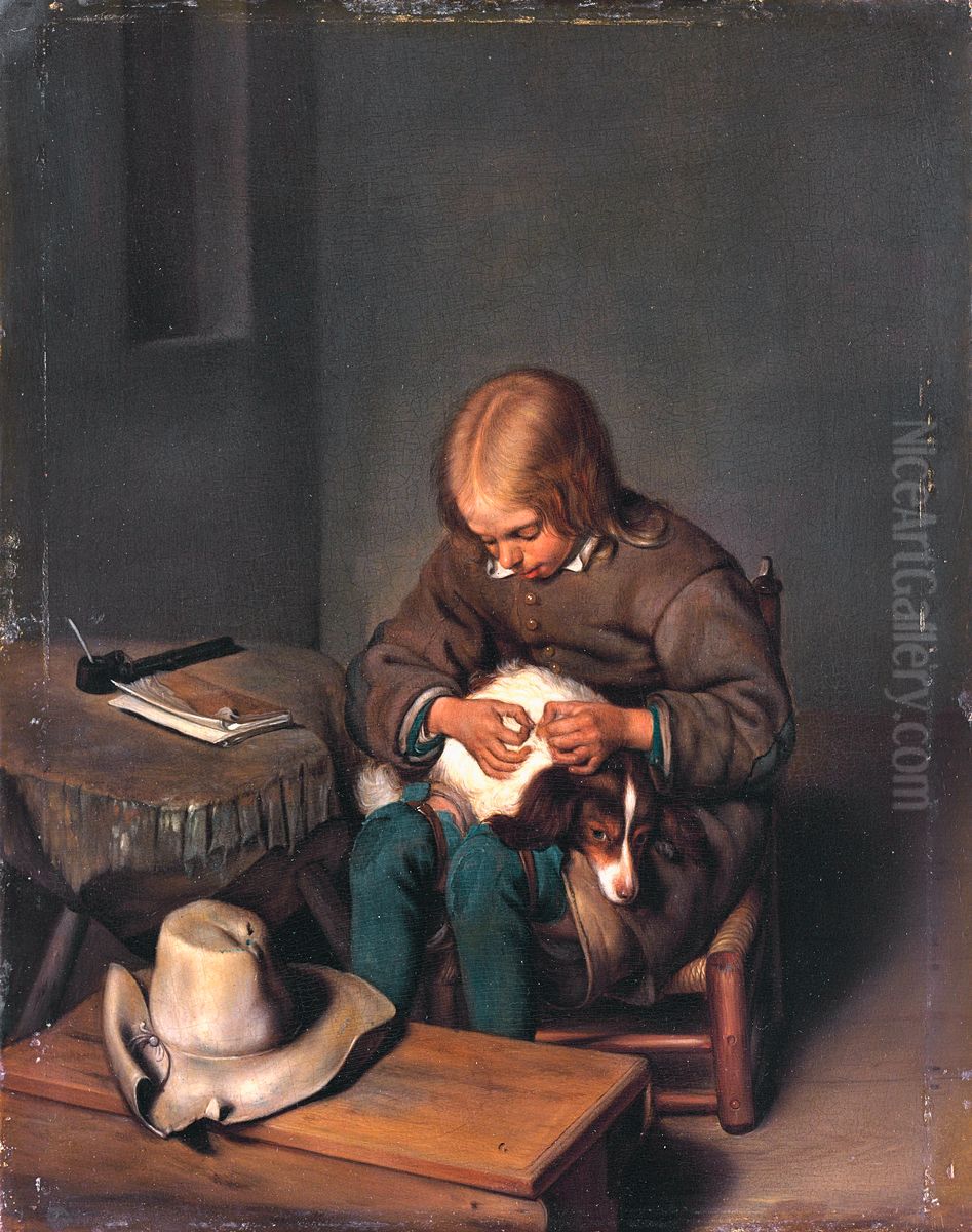 A Boy Defleaing a Dog Oil Painting by Gerard Ter Borch