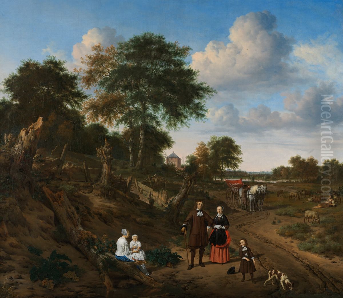 Portrait of a Couple with two Children and a Nursemaid in a Landscape Oil Painting by Adriaen Van De Velde