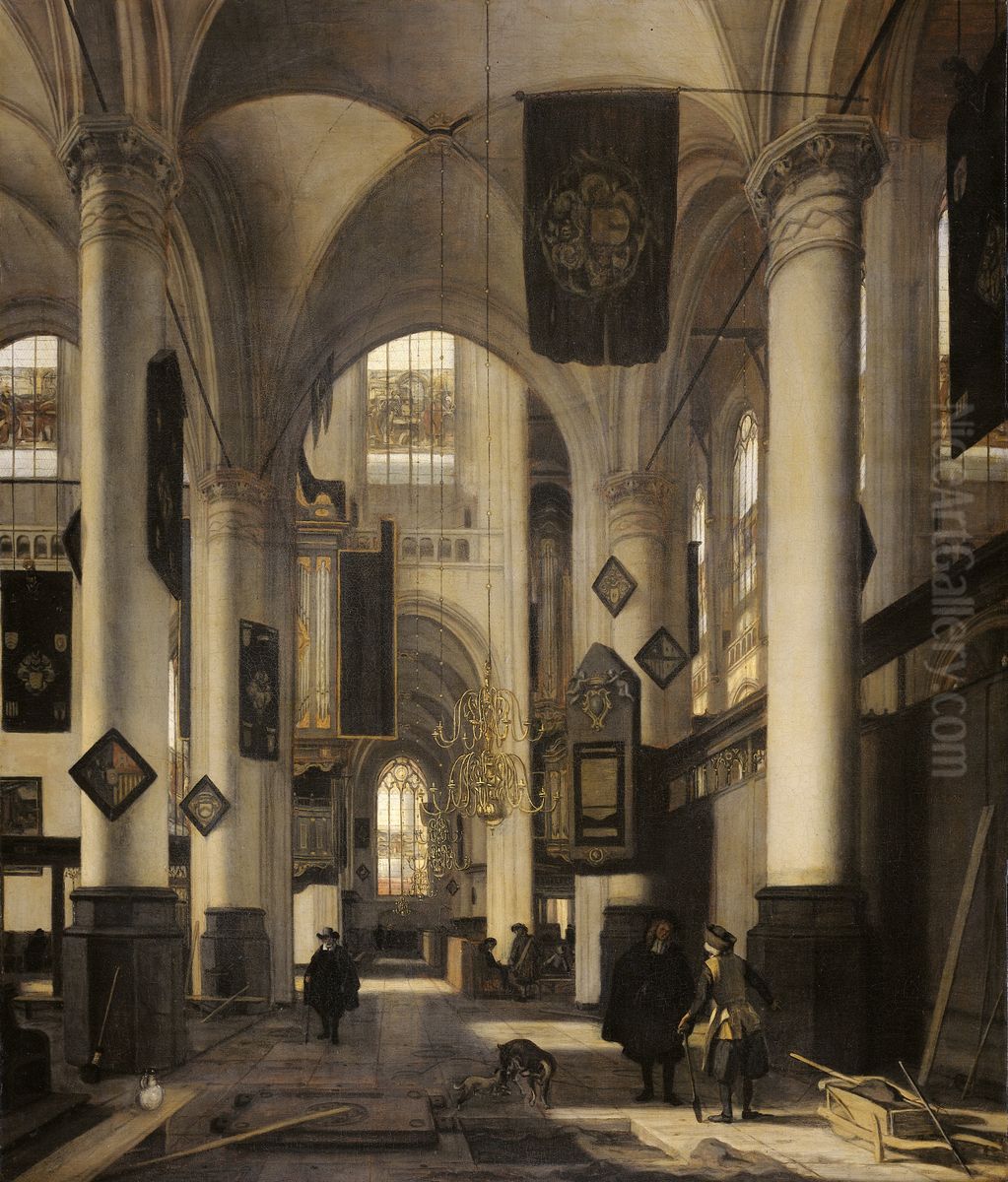Interior of a Protestant Gothic Church with Motifs from the Oude and Nieuwe Kerk in Amsterdam Oil Painting by Emanuel de Witte