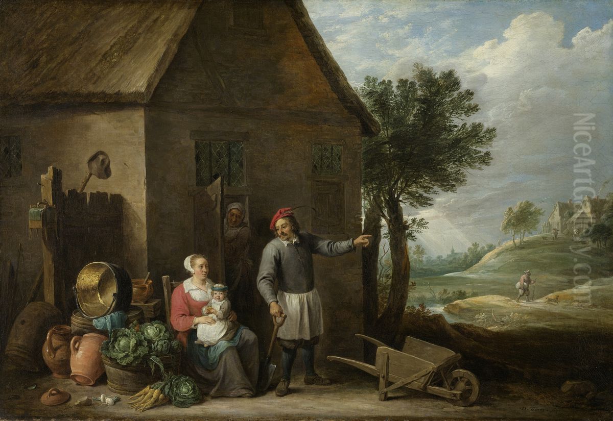 A peasant with his wife and child in front of the farmhouse Oil Painting by David Teniers the Younger