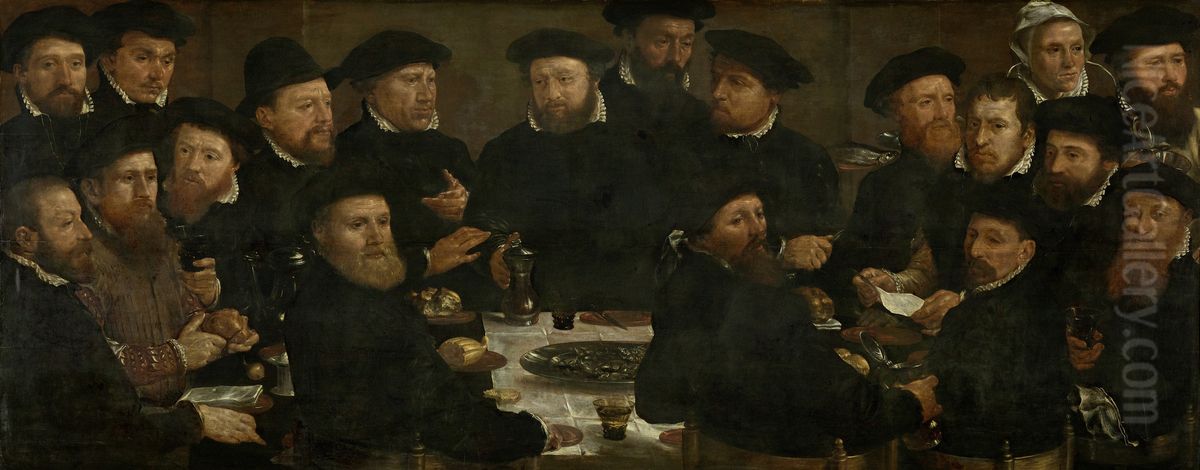 Maaltijd van achttien Amsterdamse schutters van Rot L, 1566, bekend als 'De poseters'. Oil Painting by Dirck Barendsz.