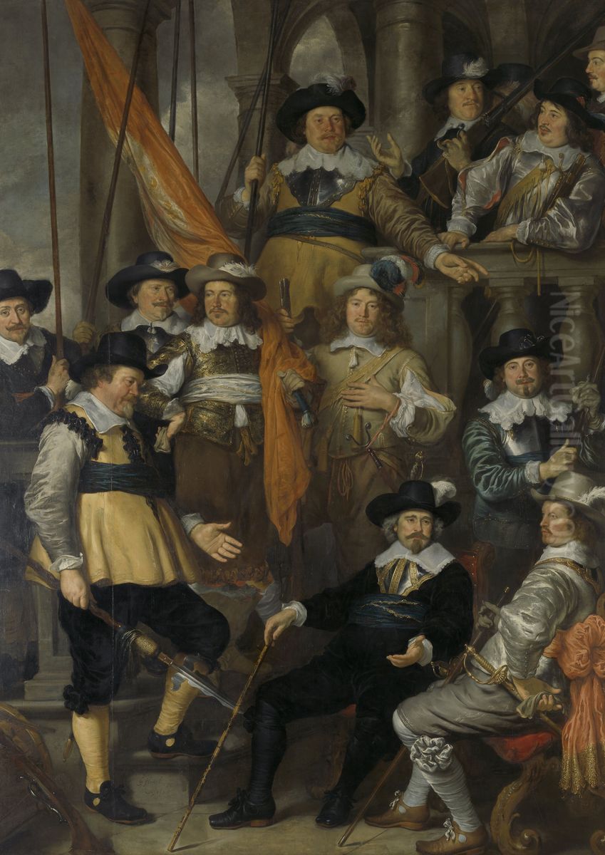 Officieren en andere schutters van wijk XVIII in Amsterdam onder leiding van kapitein Albert Bas en luitenant Lucas Conijn Oil Painting by Govert Flinck