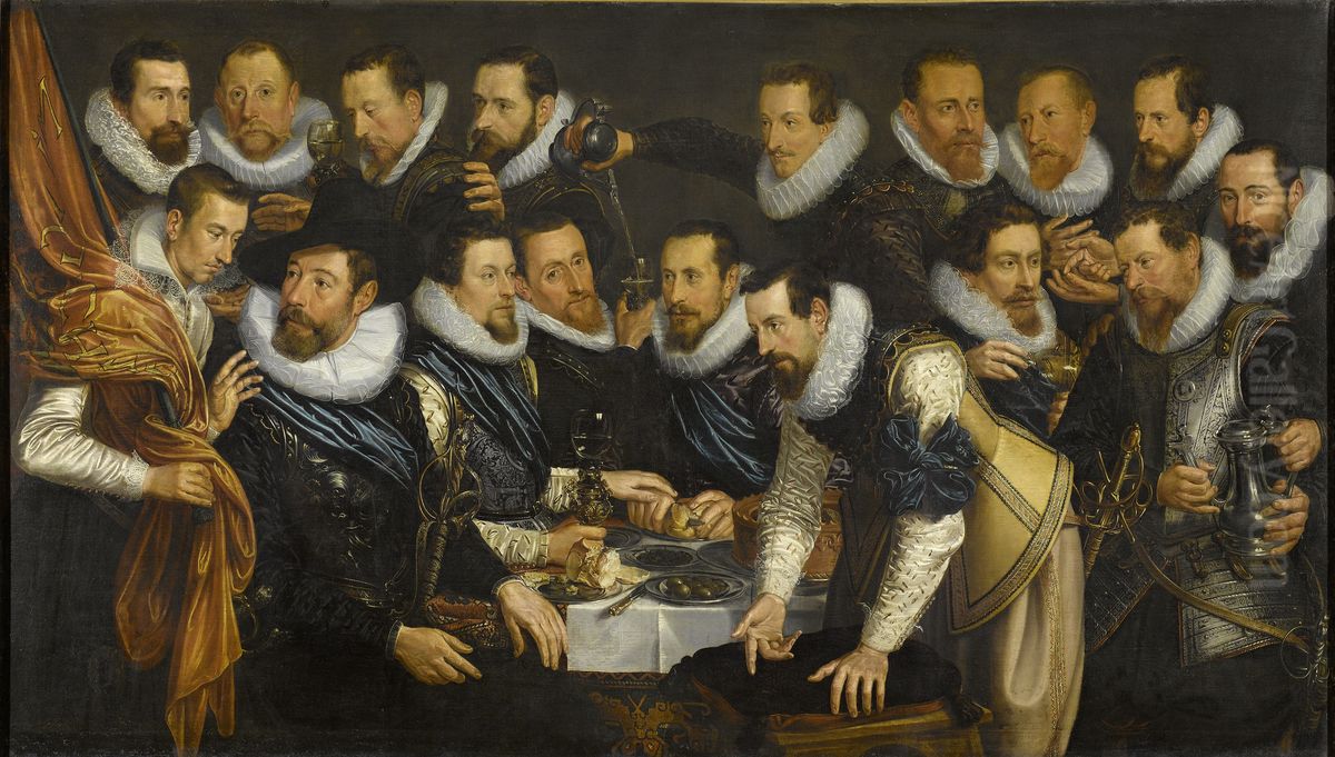 Officers and other civic guardsmen of the XIth District of Amsterdam, under the command of Captain Geurt Dircksz van Beuningen and Lieutenant Pieter Martensz Hoeffijser Oil Painting by Jan Tengnagel
