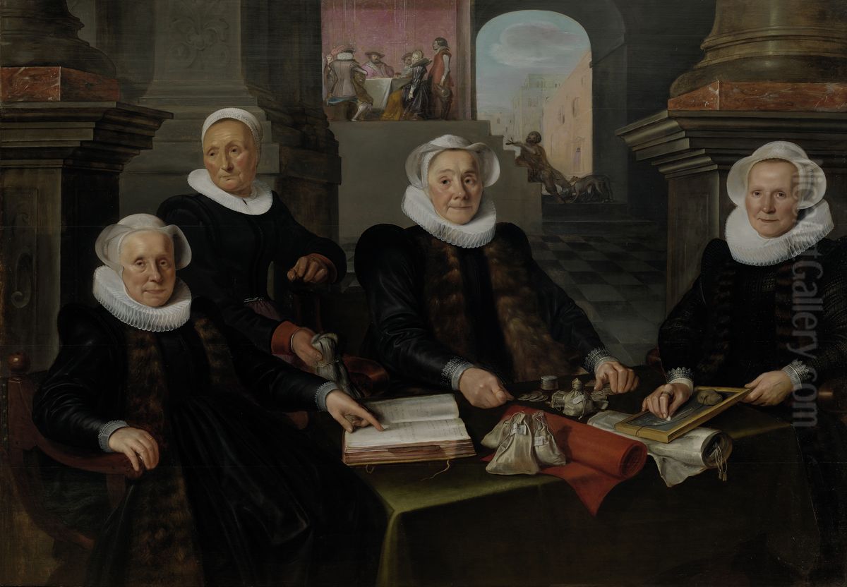Drie regentessen en de binnenmoeder van het leprozenhuis te Amsterdam Oil Painting by Werner van den Valckert