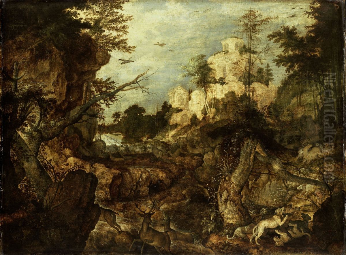 Wild boar hunt in a rocky landscape Oil Painting by Roelant Savery