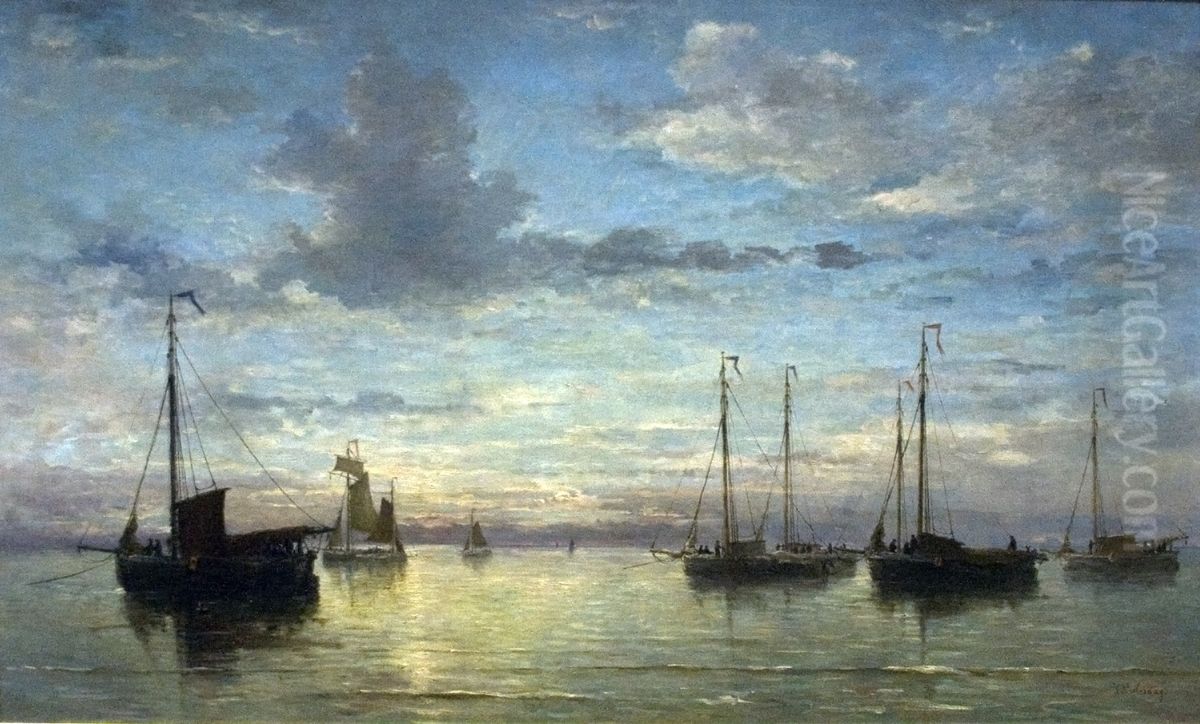 Avondstond op zee Oil Painting by Hendrik Willem Mesdag