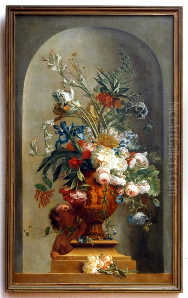 Putti playing with flowers of a garden ornament Oil Painting by Wybrand Hendricks