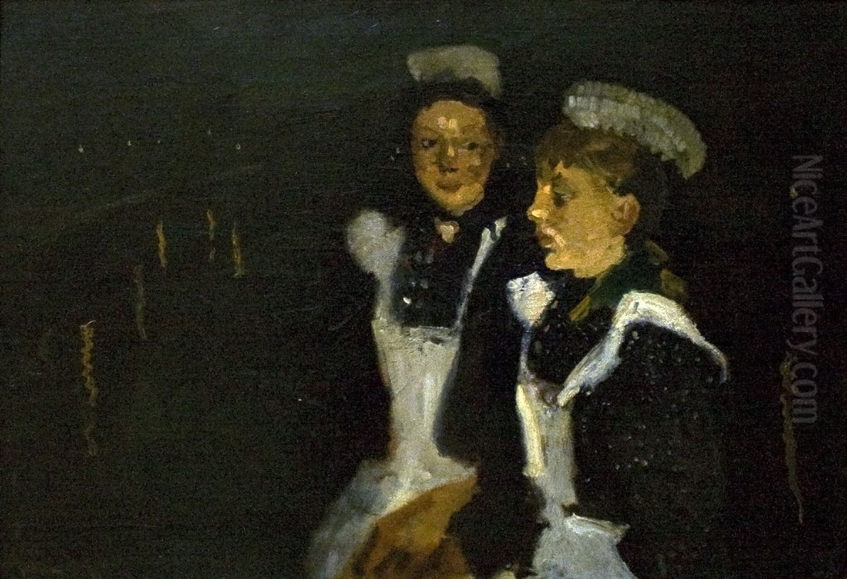 Twee dienstboden op een Amsterdamse brug bij avond Oil Painting by George Hendrik Breitner
