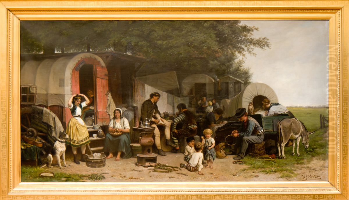 Show people camping in a Dutch landscape Oil Painting by Hendrik Jacobus Scholten