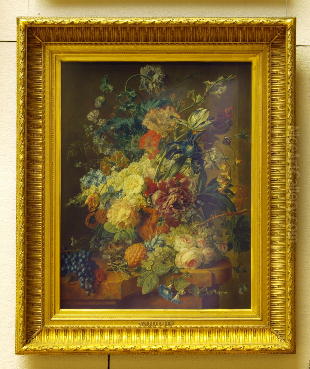 Stilleven met bloemen en vruchten in een gebeedlhouwde vaas, op een stenen plint Oil Painting by Wybrand Hendricks