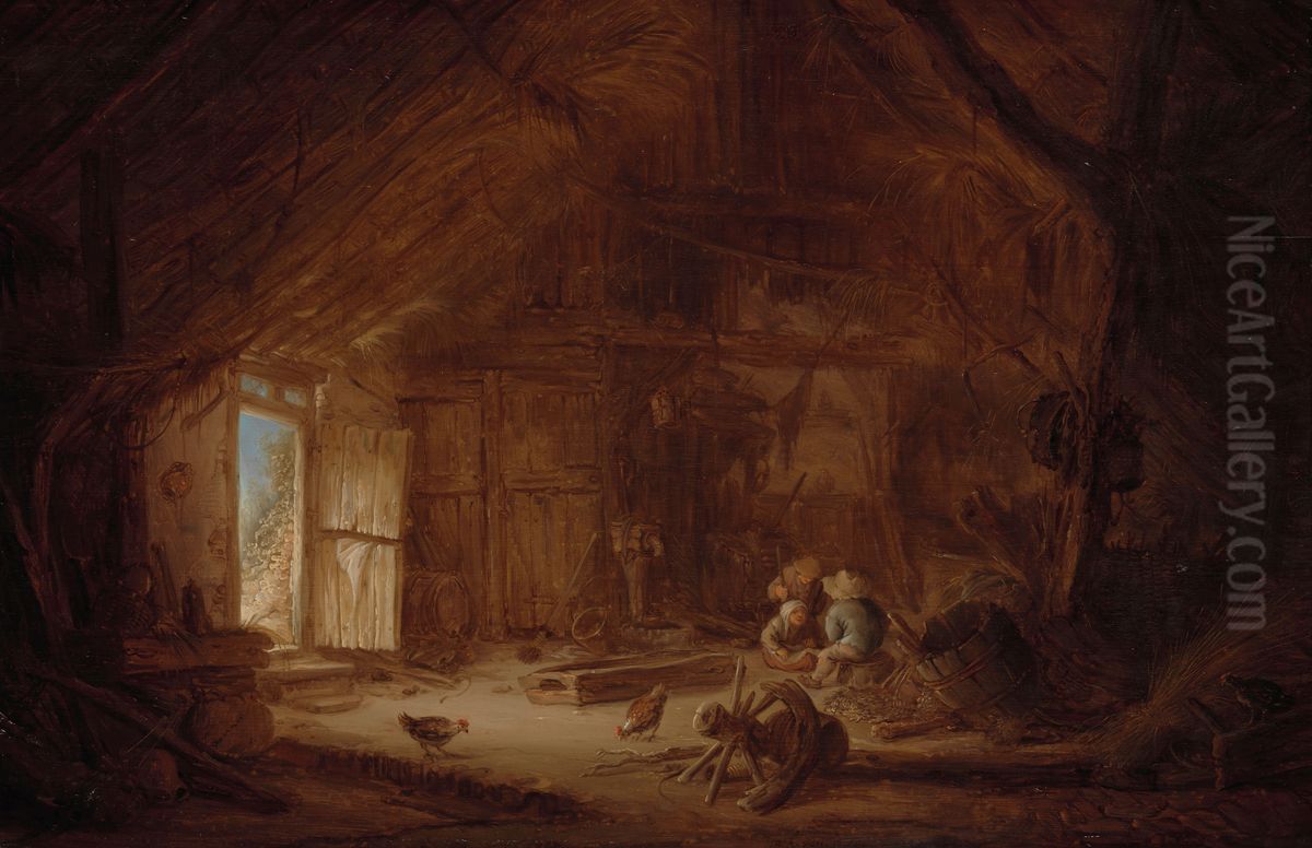 Interior of a Stable with three Children Oil Painting by Isaac Van Ostade
