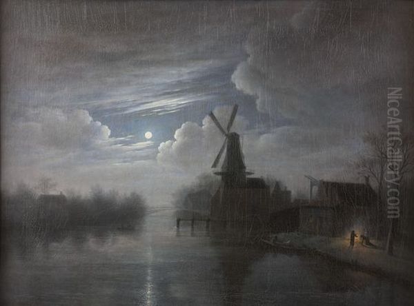 Landschap bij maneschijn Oil Painting by Gerrit Jan Michaelis