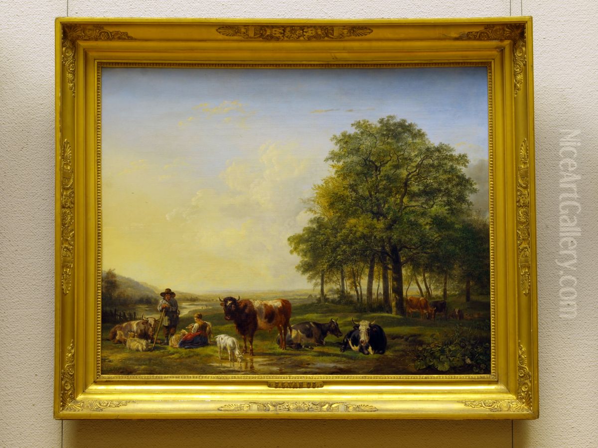 Landschap met vee en een herder Oil Painting by Pieter Gerardus Van Os