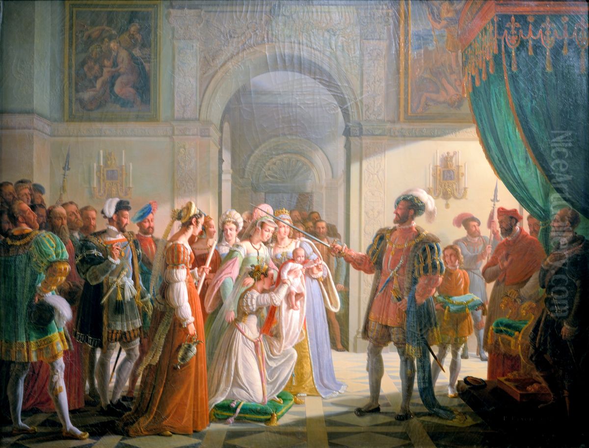 Francois Ier armant chevalier son petit-fils Francois II. Oil Painting by Pierre Revoil