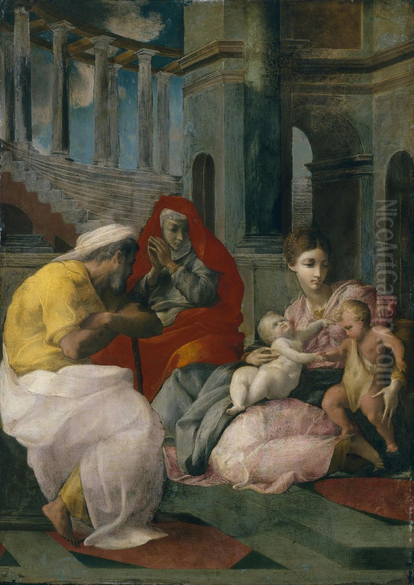 The Holy Family with Sts Elisabeth and John the Baptist Oil Painting by Francesco Primaticcio