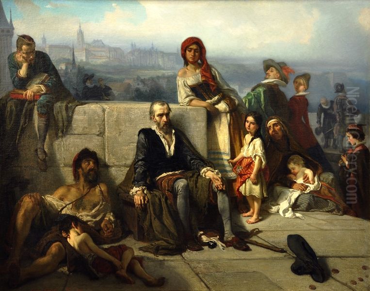 Simon Lomnicky mendiant sur le pont de Prague. Oil Painting by Jaroslav Cermak