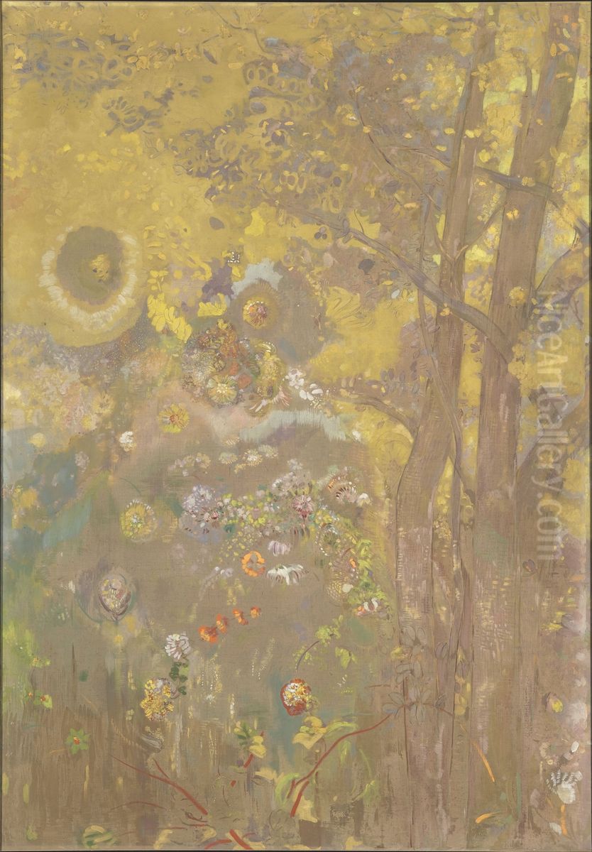Trees on a yellow Background Oil Painting by Odilon Redon