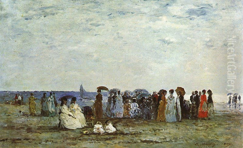 Bathers on the Beach at Trouville Oil Painting by Eugene Louis Boudin