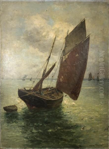 Bateaux de peche de Dieppe. Oil Painting by Marie-Auguste Flameng