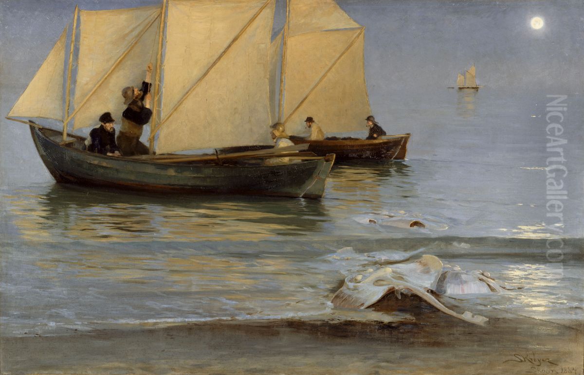 Skagboere gar ud pa nattefiskeri. Sildig Sommeraften. Oil Painting by Peder Severin Kroyer