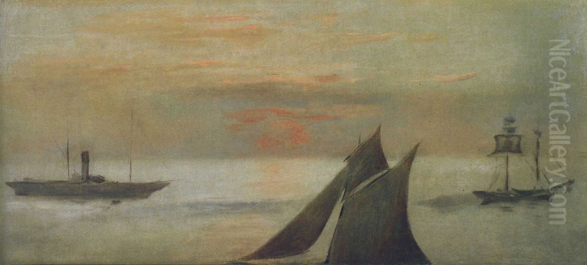 Bateaux en mer - soleil couchant Oil Painting by Edouard Manet