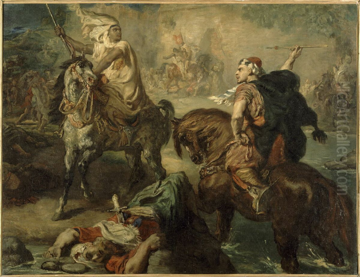 Arab Chiefs Challenging each other to Single Combat under the Ramparts of a City Oil Painting by Theodore Chasseriau
