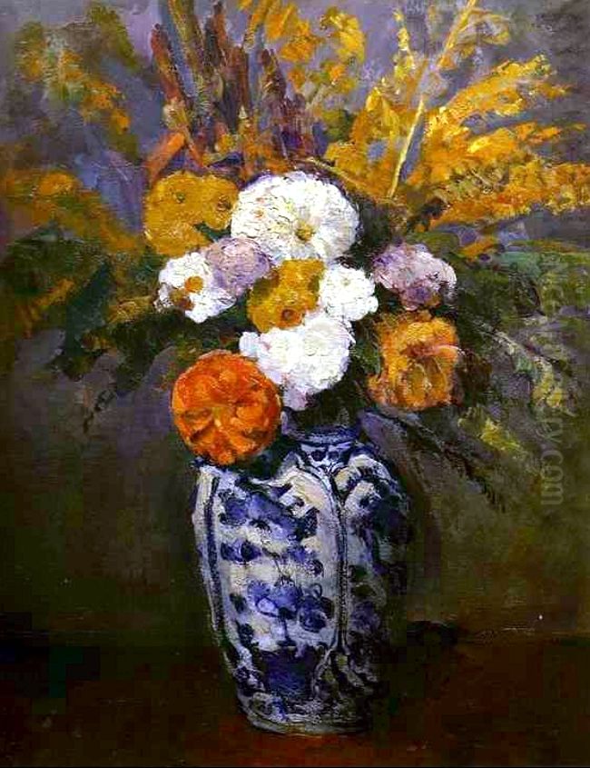 Dahlias dans un grand vase de Delft Oil Painting by Paul Cezanne