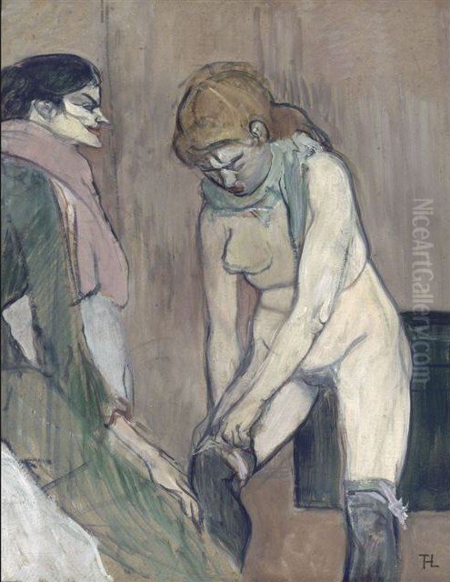 Herve Lewandowski Femme tirant son bas Oil Painting by Henri De Toulouse-Lautrec