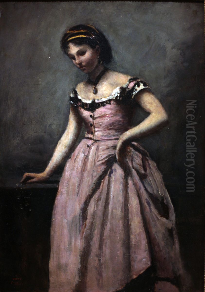 Young woman in pink dress Oil Painting by Jean-Baptiste Camille Corot