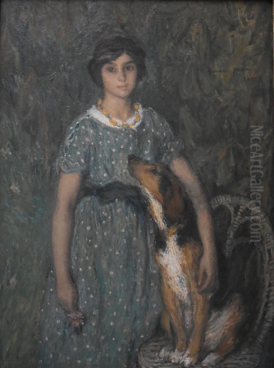 Jeune fille au chien Oil Painting by Edmond-Francois Aman-Jean