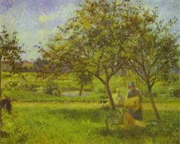 The Wheelbarrow in the Orchard, Le Valhermeil, Auvers-sur-Oise Oil Painting by Camille Pissarro