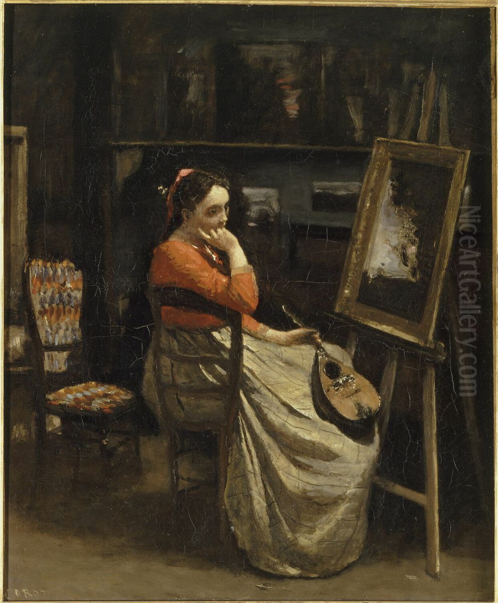 L'atelier de Corot. Jeune femme pensive, une mandoline a la main. Oil Painting by Jean-Baptiste Camille Corot