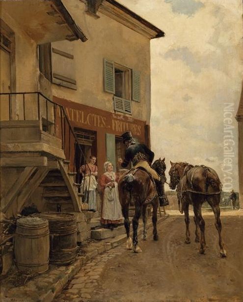 L'Auberge du Pont de Poissy Oil Painting by Jean-Louis-Ernest Meissonier