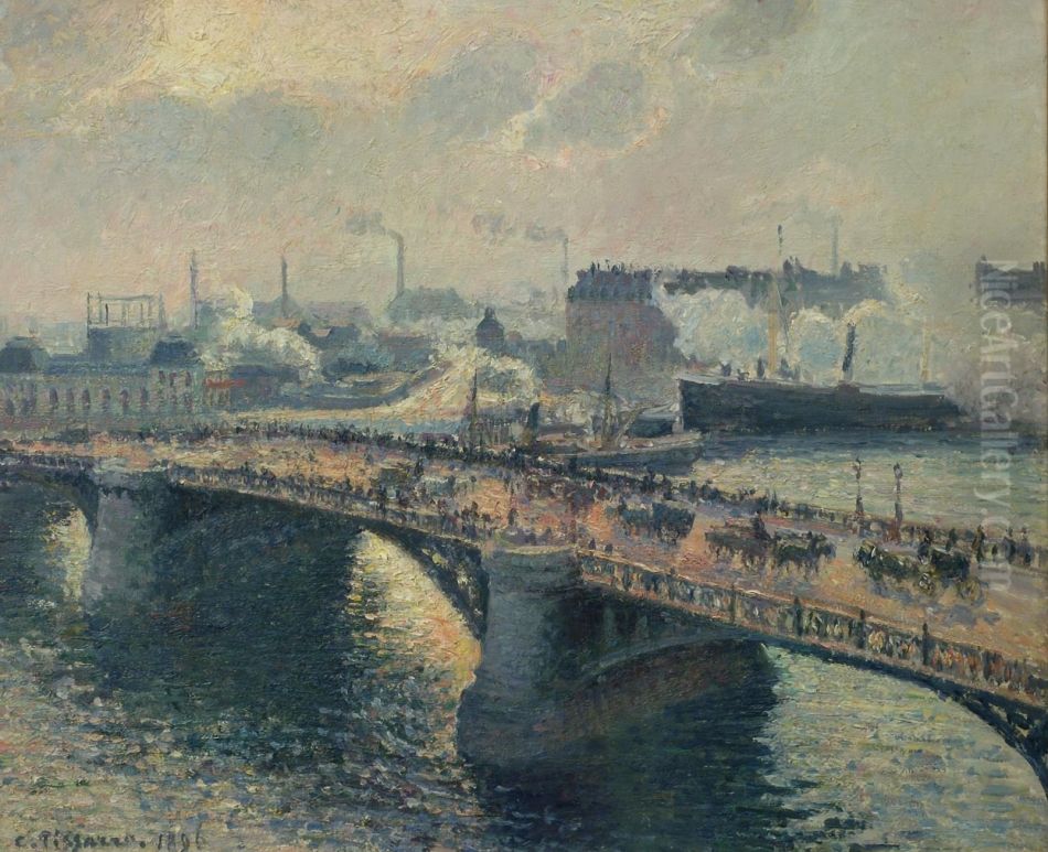The Pont Boieldieu in Rouen, sunset, foggy weather Oil Painting by Camille Pissarro