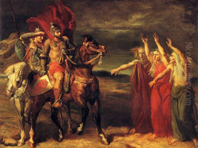 Macbeth and Banquo meeting the witches on the heath Oil Painting by Theodore Chasseriau