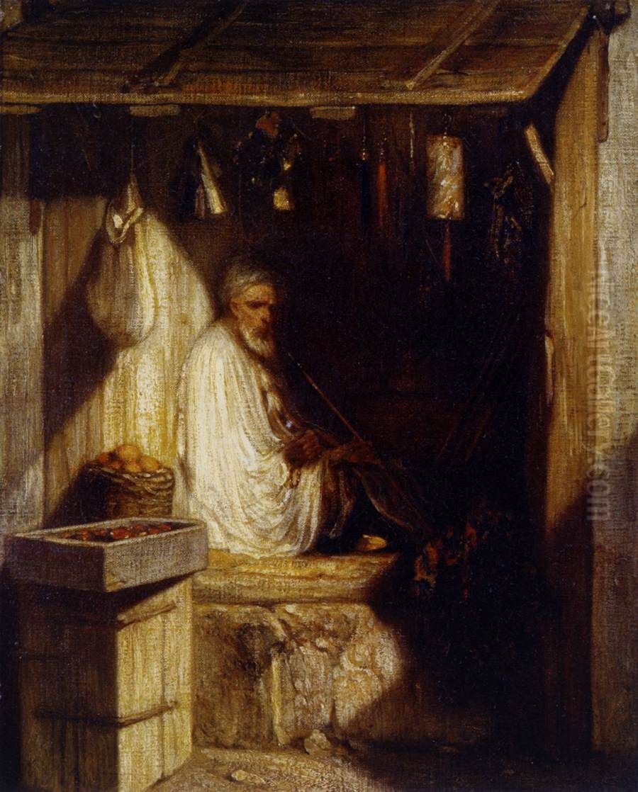 Turkish Merchant Smoking in His Shop Oil Painting by Alexandre-Gabriel Decamps