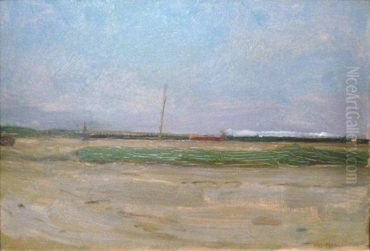 Open landscape, train along the horizon Oil Painting by Piet Mondrian