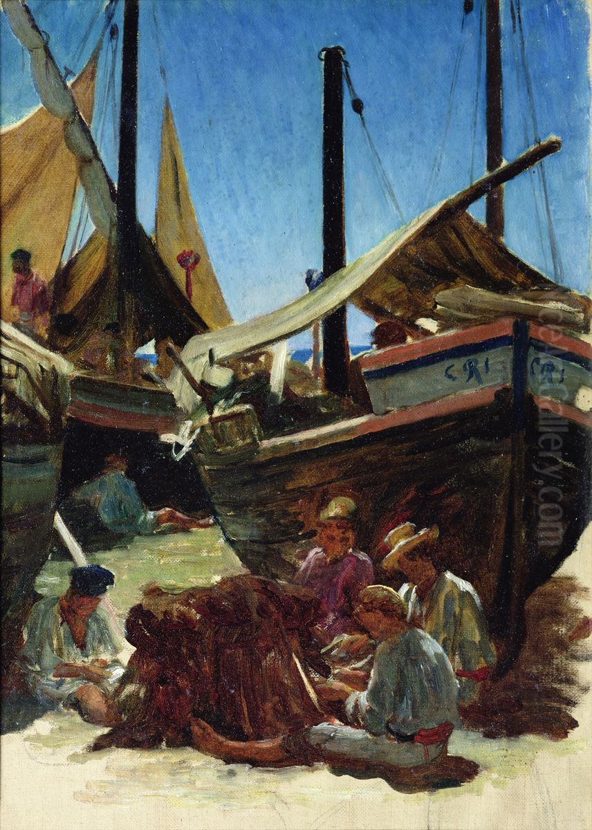 Porto d'Anzio, fishermen spreading their nets on the beach Oil Painting by Ernest Hebert