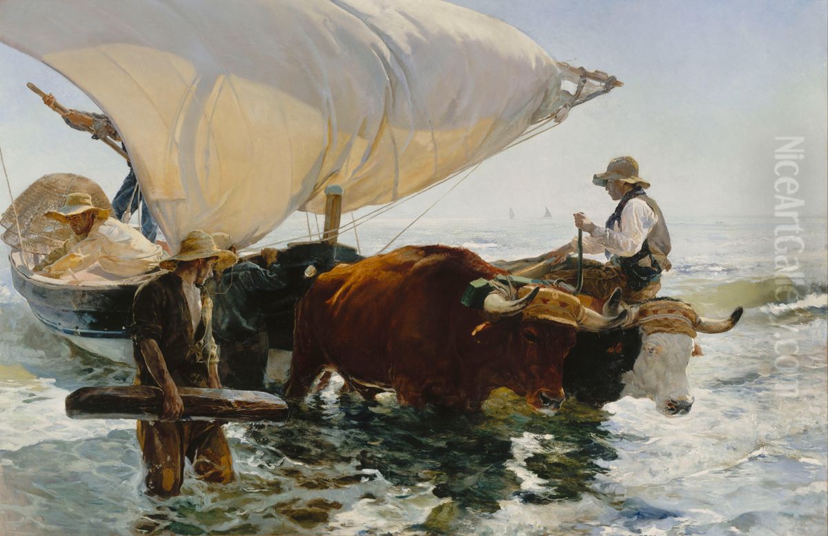 ritorno dalla pesca, trascinamento della barca Oil Painting by Joaquin Sorolla