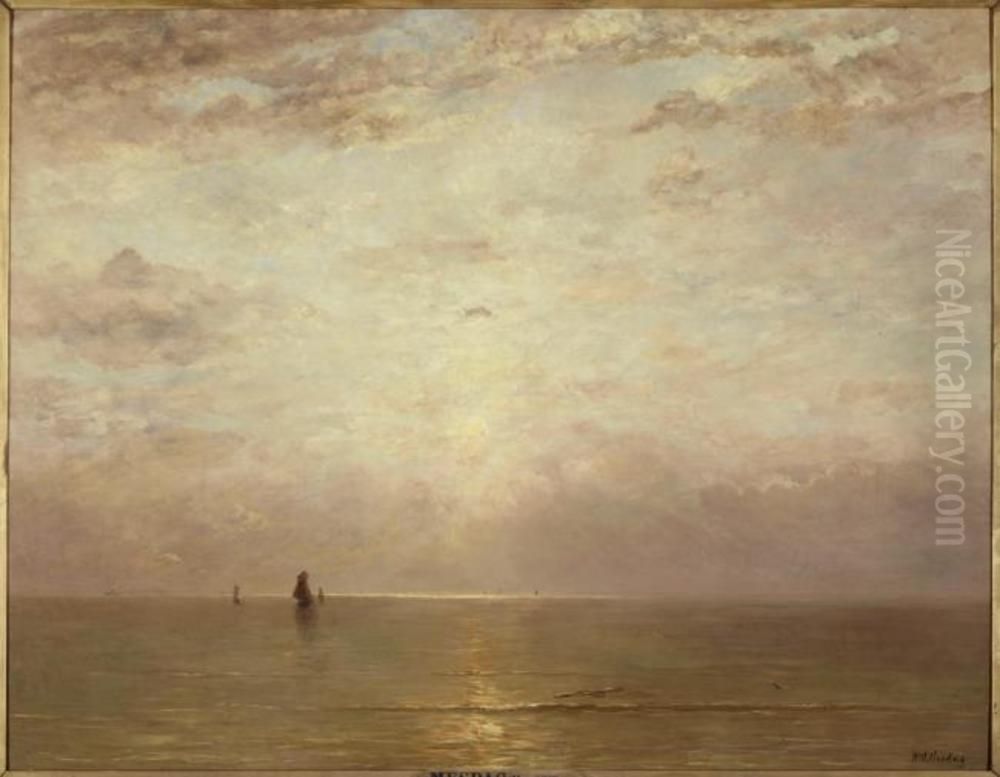 Boats at sea with setting sun Oil Painting by Hendrik Willem Mesdag