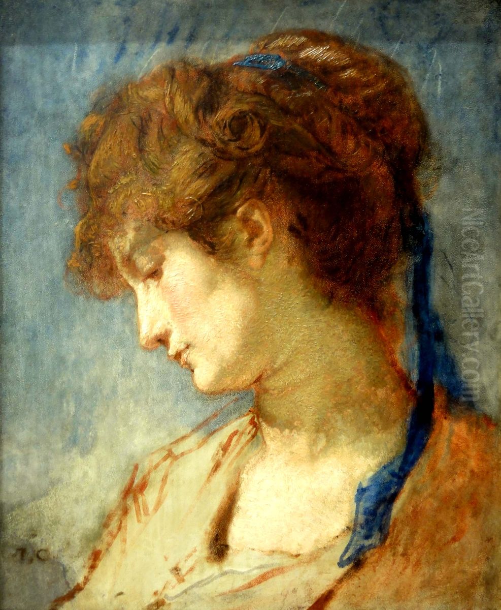 Tete de femme au ruban bleu Oil Painting by Thomas Couture