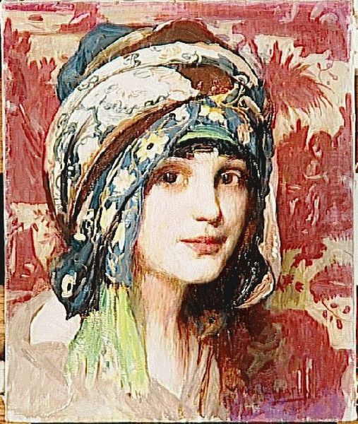 Tete de jeune fille au turban vert Oil Painting by William Laparra