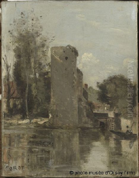 Tower at the water's edge Oil Painting by Jean-Baptiste Camille Corot