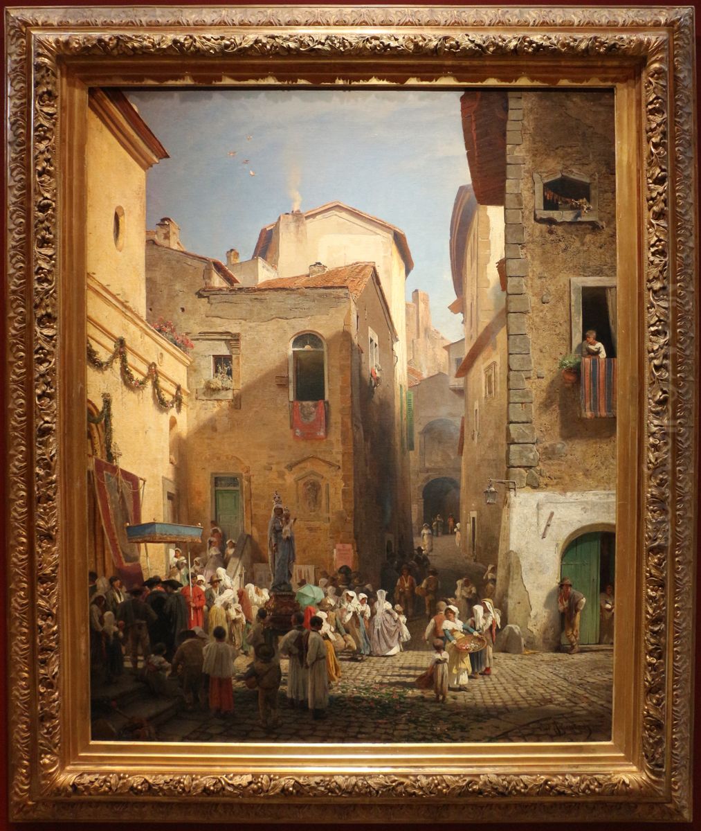 Slavnost v Genazzanu Oil Painting by Oswald Achenbach