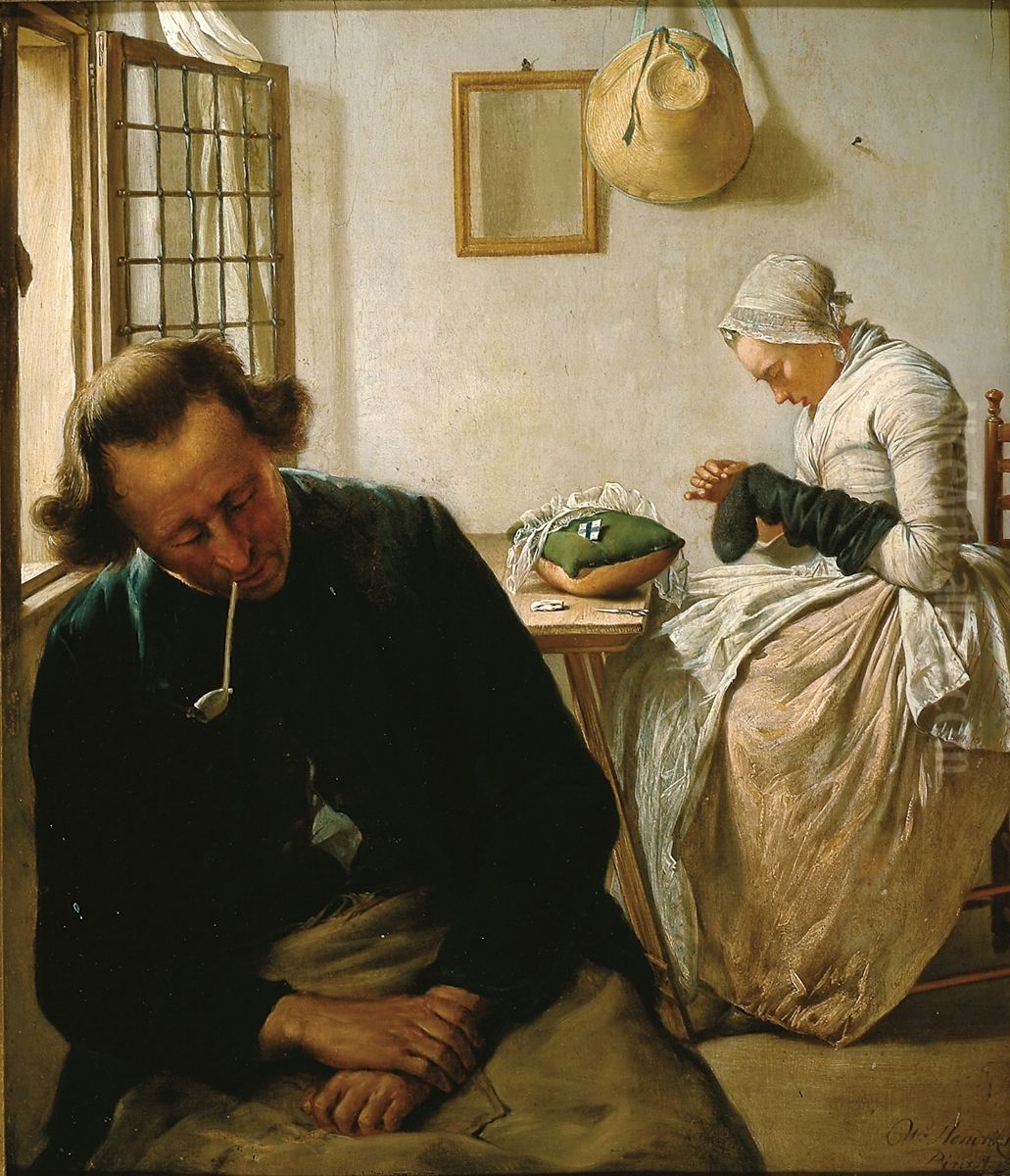 Interior with a Sleeping Man and a Woman Darning Socks Oil Painting by Wybrand Hendricks