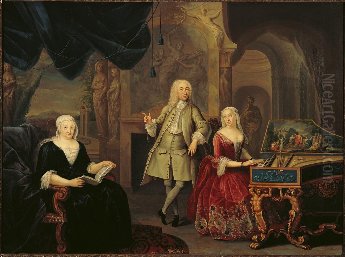 Portrait of Jacob Ploos van Amstel 1695-1760), Sara Rothe (1692-1751) and (probably)  Margaretha van Tol (?-1734) Oil Painting by Jurriaan Buttner