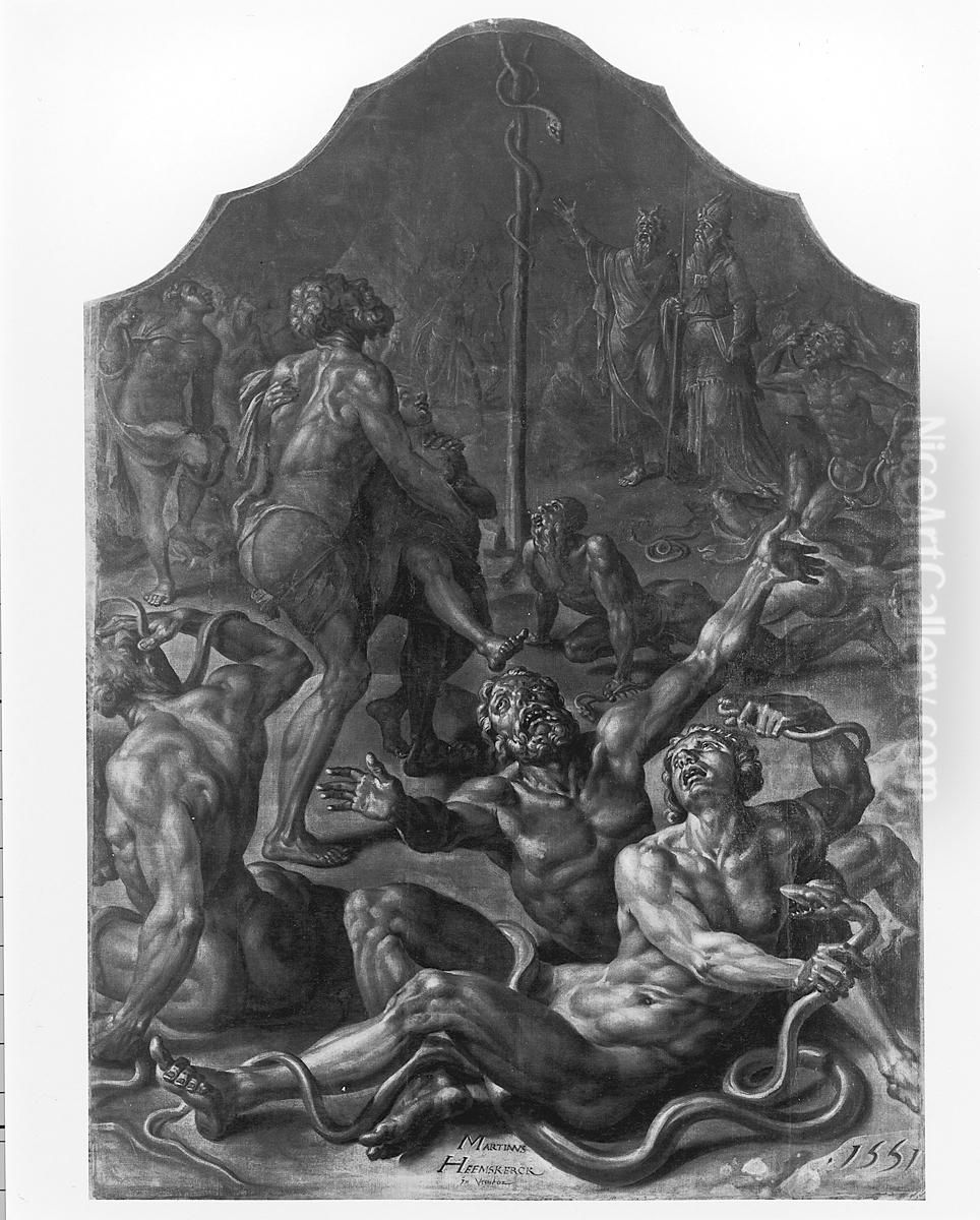 De oprichting van de koperen slang Oil Painting by Maarten Van Heemskerck