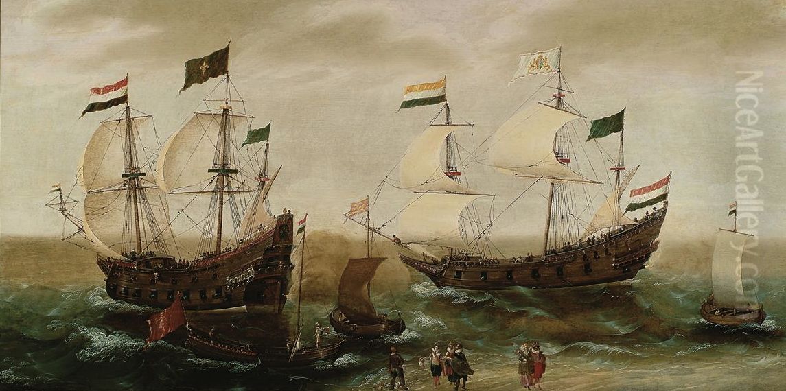 Zeegezicht met schepen voor de kust Oil Painting by Cornelis Verbeeck