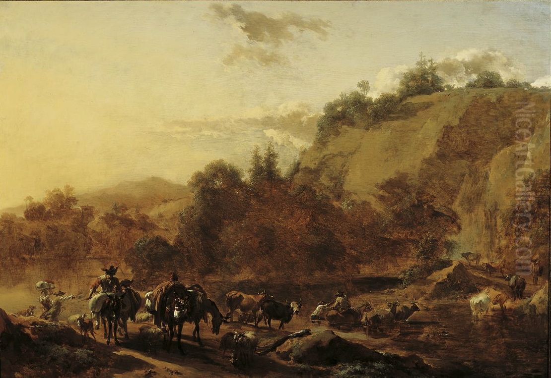Berglandschap met herders en vee bij een doorwaadbare plaats Oil Painting by Nicolaes Pieterszoon Berchem